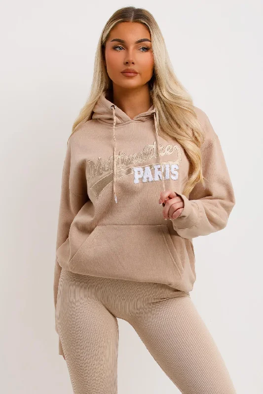 Hoodie With Montmartre Paris Embroidery Beige