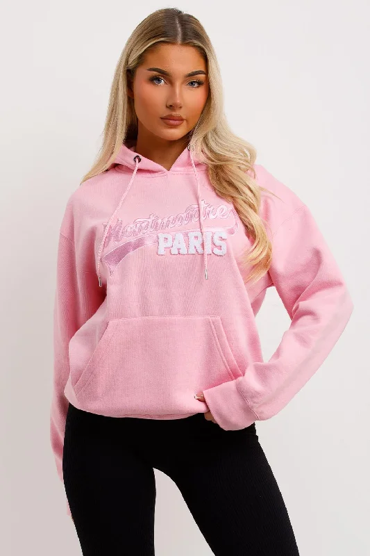 Hoodie With Montmartre Paris Embroidery Pink