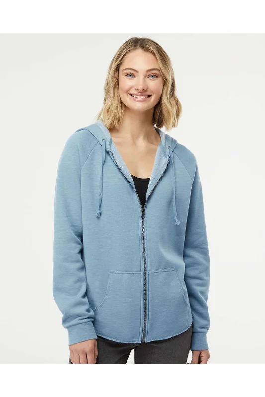 Independent Trading Co. Womens California Wave Wash Full Zip Hooded Sweatshirt Hoodie - Misty Blue