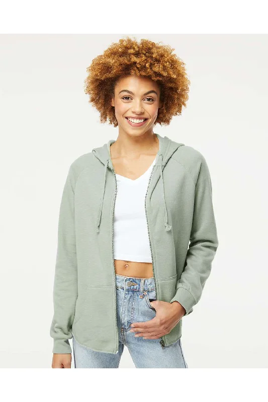 Independent Trading Co. Womens California Wave Wash Full Zip Hooded Sweatshirt Hoodie - Sage Green