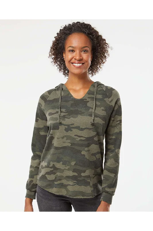 Independent Trading Co. Womens California Wave Wash Hooded Sweatshirt Hoodie - Heather Forest Green Camo