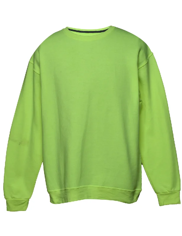 Lime Green Plain Sweatshirt - L Hoodie with Hem Embroidery Detailed Premium