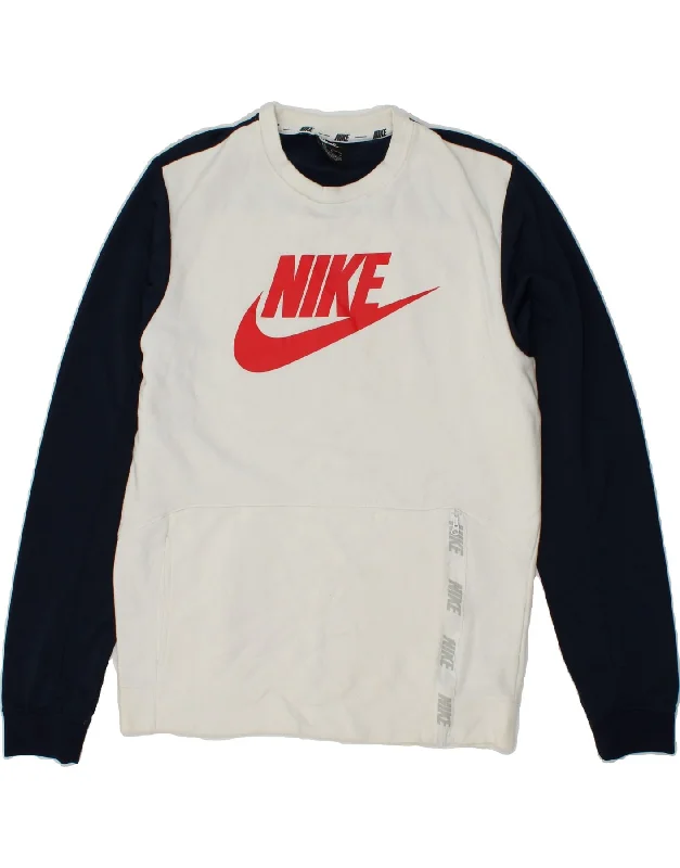 NIKE Mens Graphic Sweatshirt Jumper Medium White Colourblock Cotton Hoodie with Rhinestones Sparkly Elegant NIKE Mens Graphic Sweatshirt Jumper Medium White Colourblock Cotton Hoodie with Rhinestones Sparkly Elegant