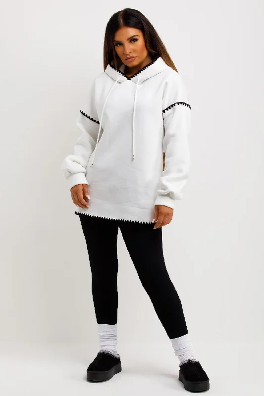 Off White Oversized Hoodie With Contrast Stitching Detail