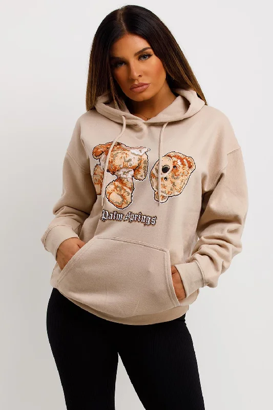 Oversized Hoodie With Teddy Bear Palm Springs Slogan Beige