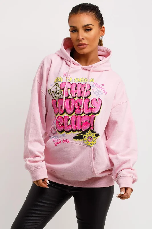 Pink Oversized Hoodie With Lovely Club Graphic Slogan