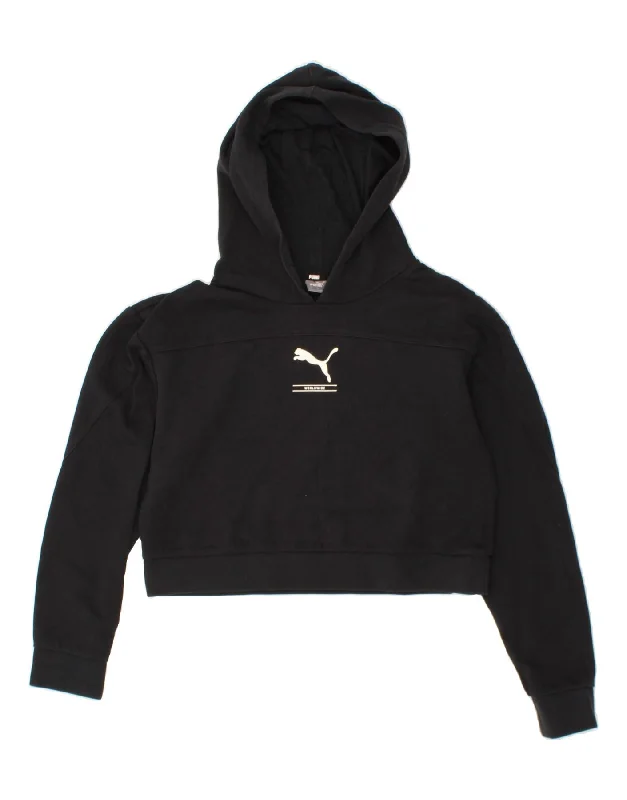 PUMA Womens Graphic Crop Hoodie Jumper UK 10 Small Black Cotton Hoodie with Ribbed Neckline Snug Warm PUMA Womens Graphic Crop Hoodie Jumper UK 10 Small Black Cotton Hoodie with Ribbed Neckline Snug Warm