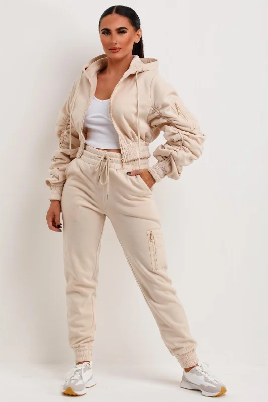 Ruched Sleeve Hoodie And Joggers Loungewear Set Beige