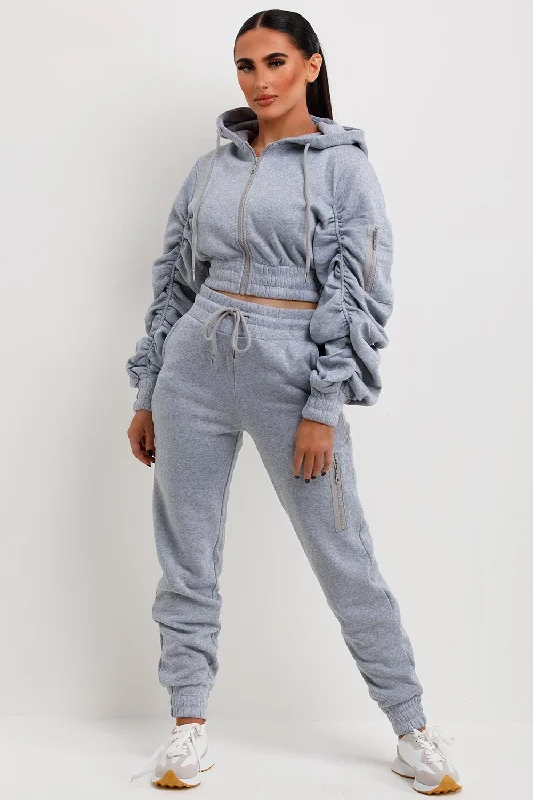 Ruched Sleeve Hoodie And Joggers Loungewear Set Grey