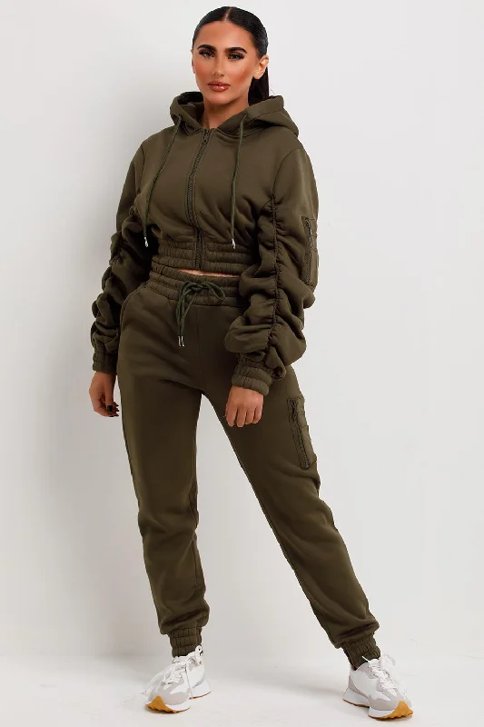 Ruched Sleeve Hoodie And Joggers Loungewear Set Khaki