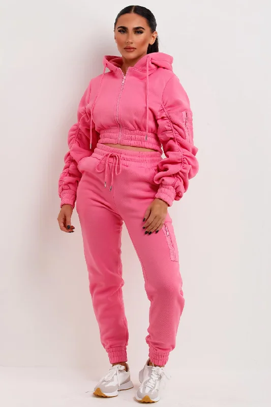 Ruched Sleeve Hoodie And Joggers Loungewear Set Pink