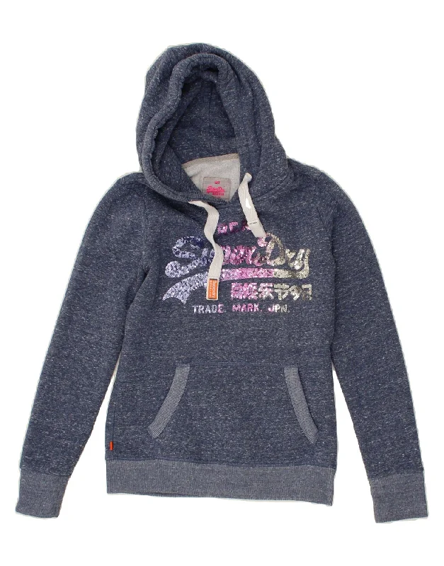SUPERDRY Womens Graphic Hoodie Jumper UK 10 Small Navy Blue Flecked Cotton Hoodie with Batwing Sleeves Loose Dramatic SUPERDRY Womens Graphic Hoodie Jumper UK 10 Small Navy Blue Flecked Cotton Hoodie with Batwing Sleeves Loose Dramatic