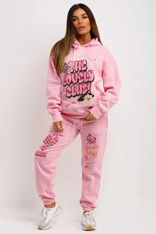 Tracksuit Hoodie Joggers Set With Graphic Print Pink