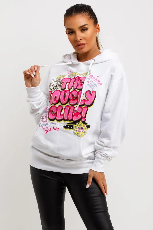 White Oversized Hoodie With Lovely Club Graphic Slogan