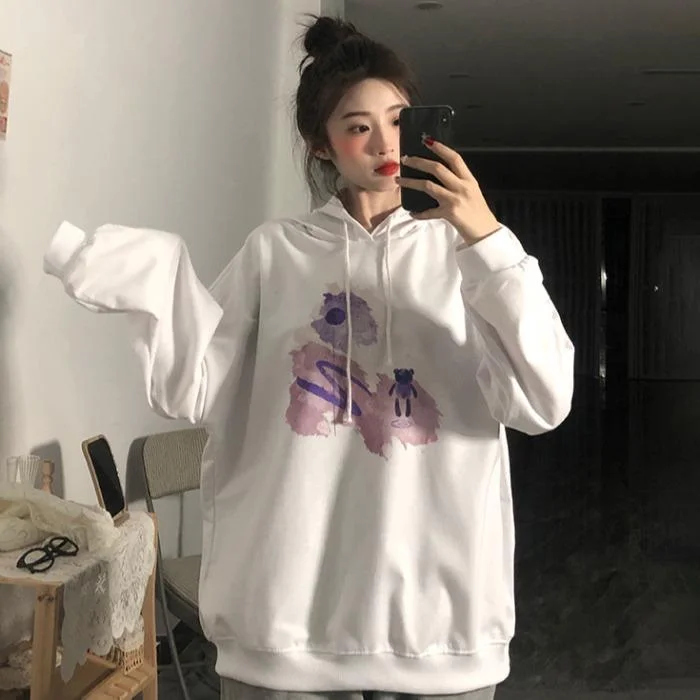 Women's Cute Double Color Bear Printed Hoodies Hoodie with Side Slits Relaxed Casual Women's Cute Double Color Bear Printed Hoodies Hoodie with Side Slits Relaxed Casual