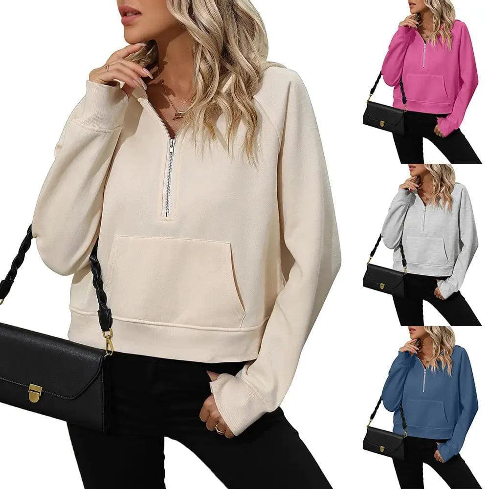 Women's Half Zip Pullover Hooded Sweatshirt Fleece Short Chic Sweatshirt Hoodie with Hem Detail Decorative Unique Women's Half Zip Pullover Hooded Sweatshirt Fleece Short Chic Sweatshirt Hoodie with Hem Detail Decorative Unique