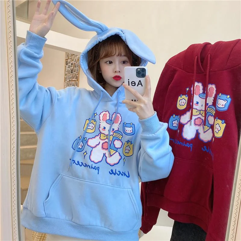 Women's Kawaii Bunny Bear Cloudy Hoodies With Rabbit Ear Hood Hoodie with Toggle Buttons Decorative Unique Women's Kawaii Bunny Bear Cloudy Hoodies With Rabbit Ear Hood Hoodie with Toggle Buttons Decorative Unique
