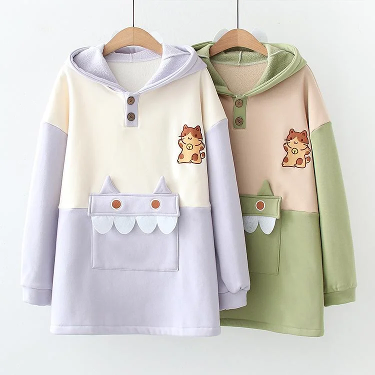 Women's Kawaii Cat Contrast Color Hoodies With Cute Monster Pocket Hoodie with Typography Text Message Women's Kawaii Cat Contrast Color Hoodies With Cute Monster Pocket Hoodie with Typography Text Message