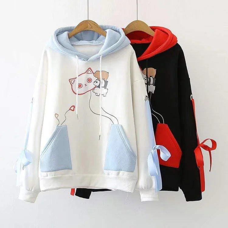 Women's Kawaii Contrast Color Cat And Bears Lace-up Sleeve Hoodies Hoodie with Ribbed Cuffs Snug Fit Comfort Women's Kawaii Contrast Color Cat And Bears Lace-up Sleeve Hoodies Hoodie with Ribbed Cuffs Snug Fit Comfort