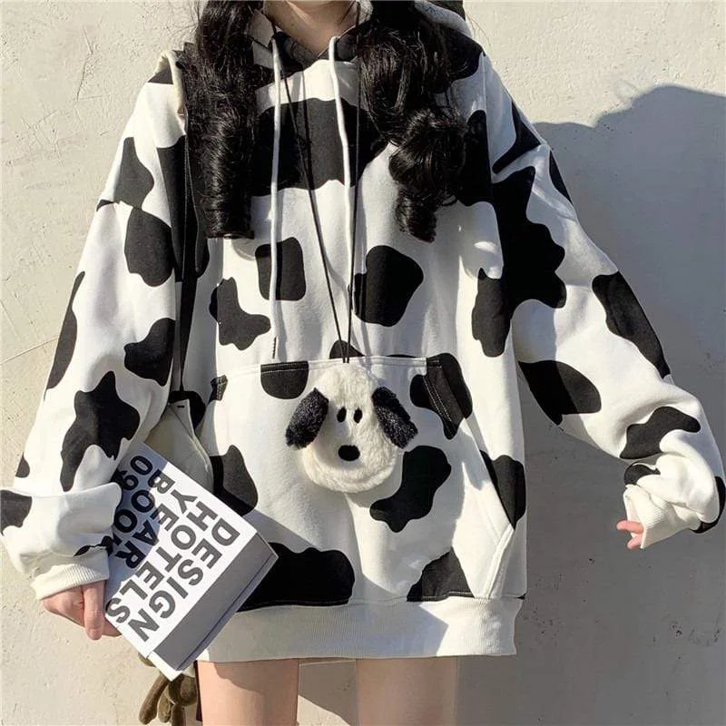 Women's Kawaii Cow Printed Loose Hoodies Hoodie with Elastic Waist Stretchable Comfortable Women's Kawaii Cow Printed Loose Hoodies Hoodie with Elastic Waist Stretchable Comfortable
