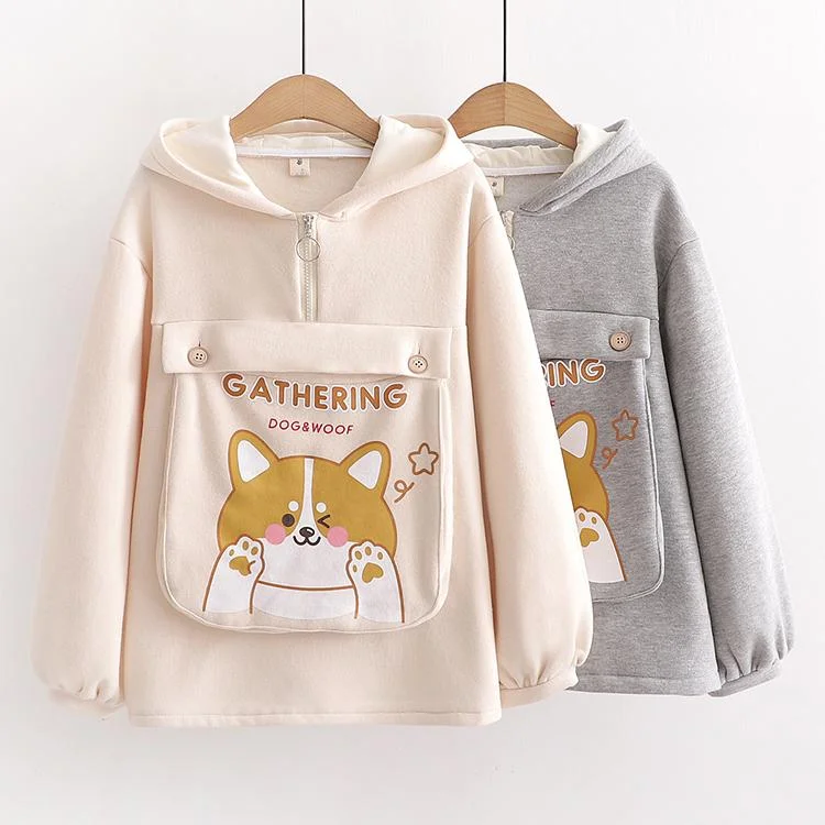 Women's Kawaii Dog Printed Big Pocket Hoodies With Dog Ear Hood Hoodie with Hem Patch Decorative Personalized Women's Kawaii Dog Printed Big Pocket Hoodies With Dog Ear Hood Hoodie with Hem Patch Decorative Personalized
