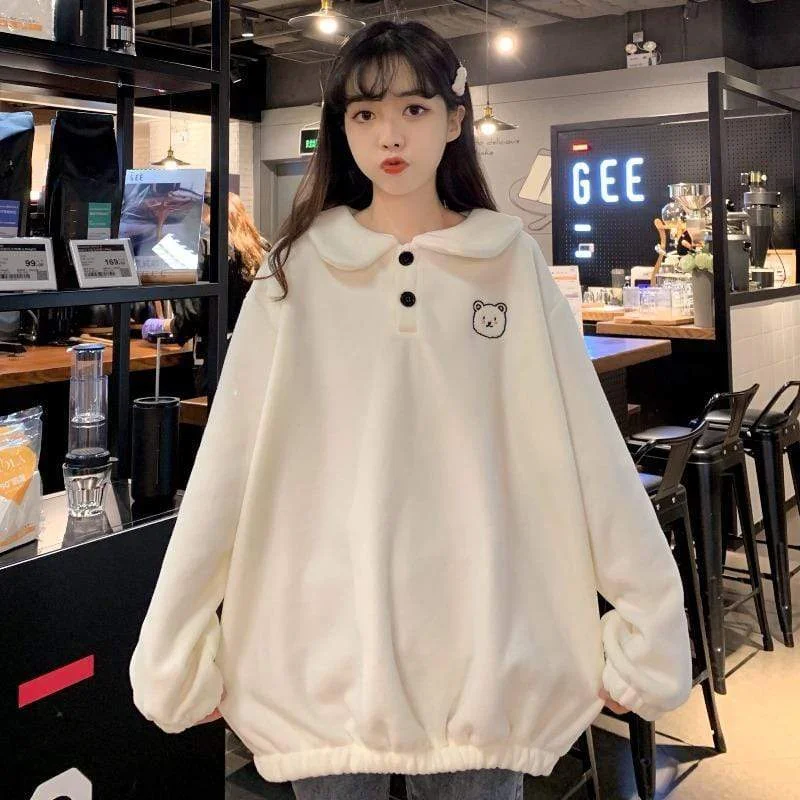 Women's Kawaii Doll Collar Bear Embroidered Sweatshirt Hoodie with Raglan Sleeves Sporty Comfortable Women's Kawaii Doll Collar Bear Embroidered Sweatshirt Hoodie with Raglan Sleeves Sporty Comfortable