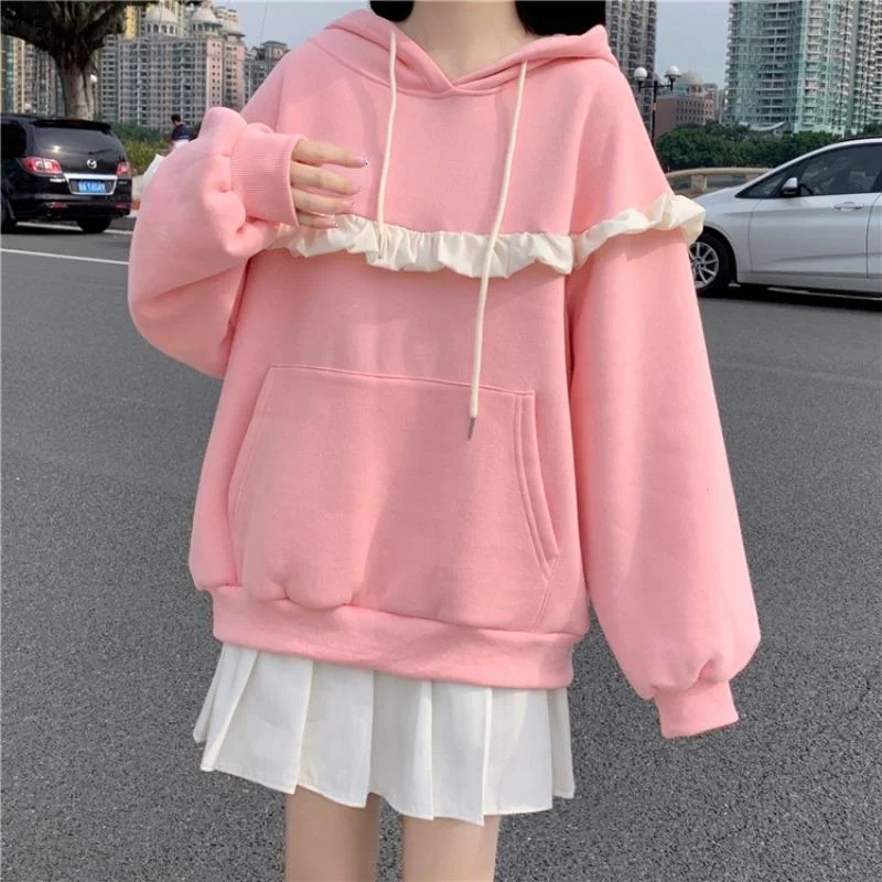 Women's Kawaii Falbala Splice Loose Hoodies Hoodie with Hidden Zipper Minimalist Clean Women's Kawaii Falbala Splice Loose Hoodies Hoodie with Hidden Zipper Minimalist Clean