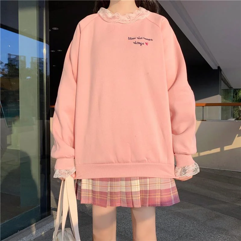 Women's Kawaii Lace Hem Sweatshirt Hoodie with Lining Warm Insulated