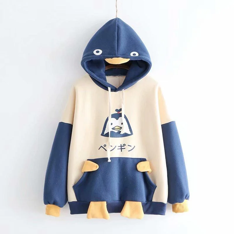Women's Kawaii Penguin Hooded Contrast Color Hoodies Hoodie with Front Slit Layering Stylish Women's Kawaii Penguin Hooded Contrast Color Hoodies Hoodie with Front Slit Layering Stylish