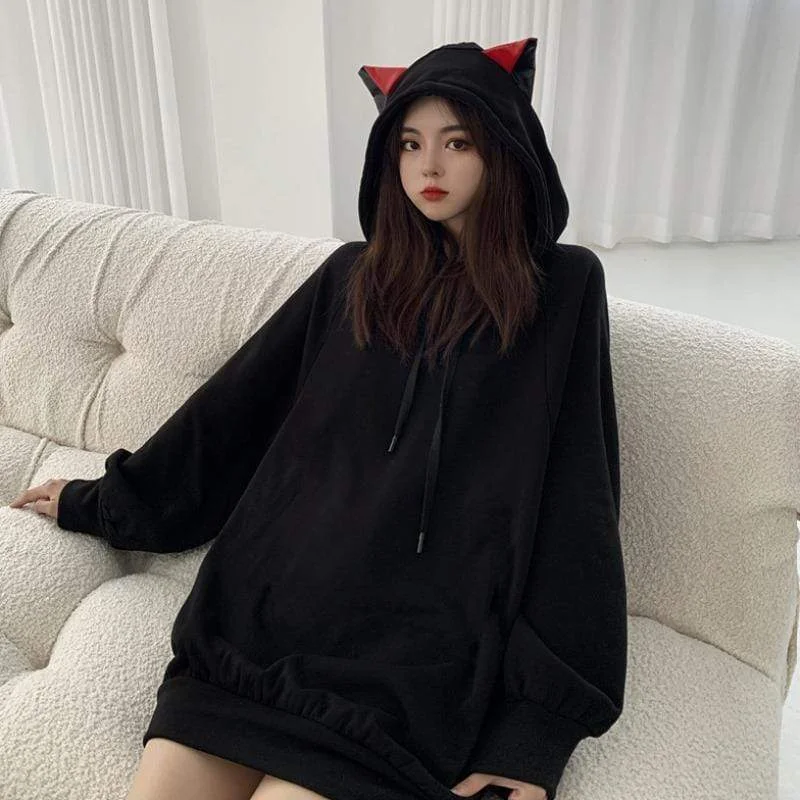 Women's Kawaii Solid Color Cat's Ears Hoodies Hoodie with Hem Elastic Stretchable Comfortable Women's Kawaii Solid Color Cat's Ears Hoodies Hoodie with Hem Elastic Stretchable Comfortable