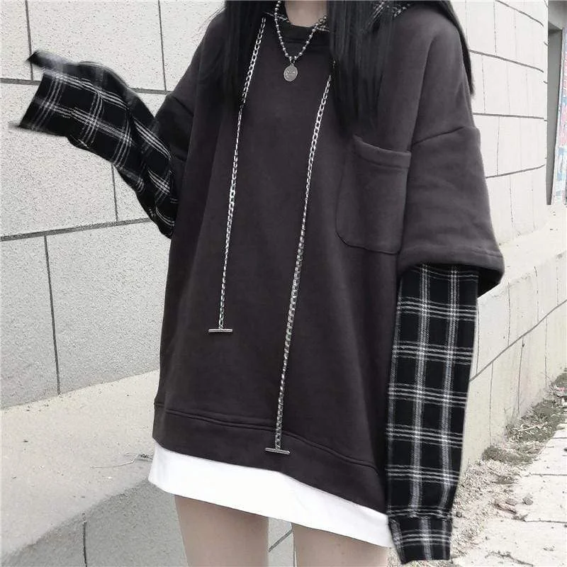 Women's Korean Fashion Pure Color Sweaters Splicing Plaid Hoodies And White Tees Hoodie with High-Low Hem Asymmetrical Trendy Women's Korean Fashion Pure Color Sweaters Splicing Plaid Hoodies And White Tees Hoodie with High-Low Hem Asymmetrical Trendy