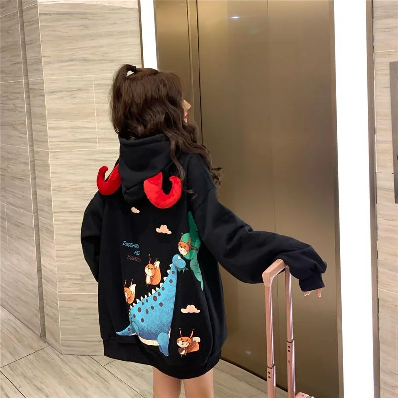 Women's Sweet OX Horn Hooded Dinosaur And Squirrel Printed Hoodies Hoodie with High Neck Warm Protective Women's Sweet OX Horn Hooded Dinosaur And Squirrel Printed Hoodies Hoodie with High Neck Warm Protective