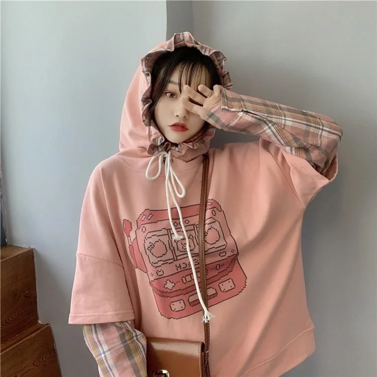Women's Sweet Vending Machine Hoodies Splicing Plaid Shirts Hoodie with Lace Feminine Delicate Women's Sweet Vending Machine Hoodies Splicing Plaid Shirts Hoodie with Lace Feminine Delicate