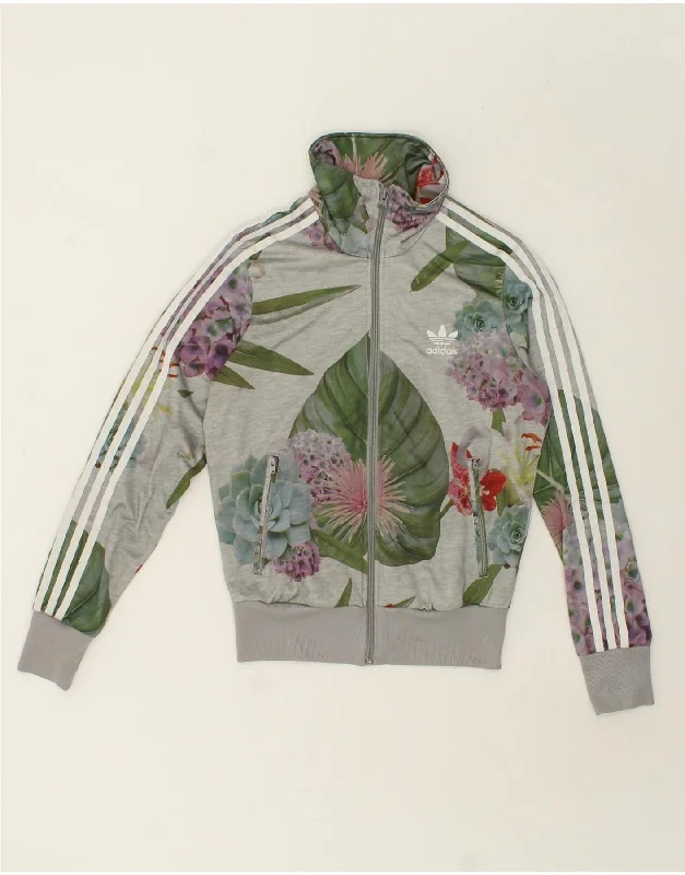 ADIDAS Womens Graphic Tracksuit Top Jacket UK 8 Small Grey Floral