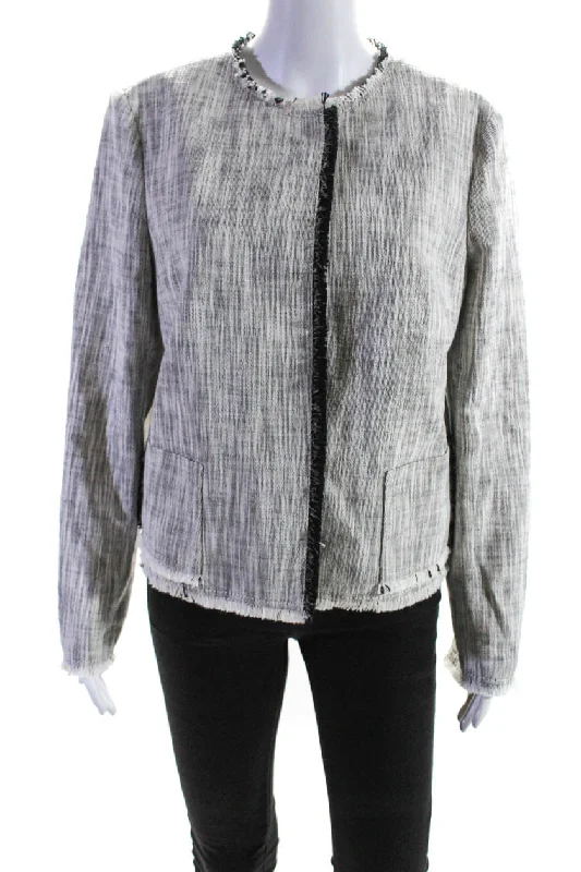 Akris Punto Womens Frayed Trim Striped Snap Up Blazer Jacket White Black