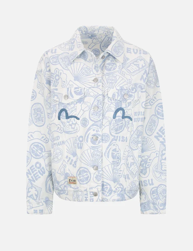 Allover EVISU Squad Discharge-Print Oversize Denim Jacket Welt Pockets Slit Pockets Flap Pockets Allover EVISU Squad Discharge-Print Oversize Denim Jacket Welt Pockets Slit Pockets Flap Pockets