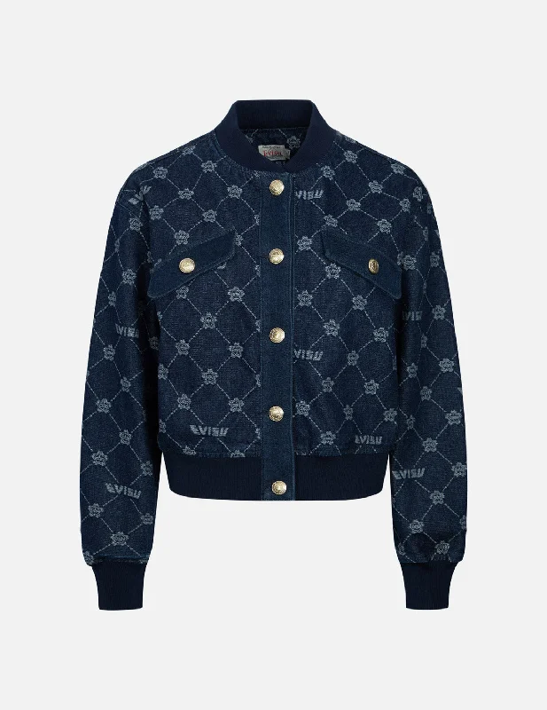 Allover Kamon and Logo Drop Shoulder Denim Bomber Jacket Tailored Jacket Straight Jacket A-Line Jacket Allover Kamon and Logo Drop Shoulder Denim Bomber Jacket Tailored Jacket Straight Jacket A-Line Jacket