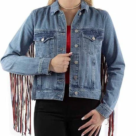 Americana Fringe Denim Jacket at Bourbon Cowgirl Cotton Fabric Linen Fabric Terry Fabric Americana Fringe Denim Jacket at Bourbon Cowgirl Cotton Fabric Linen Fabric Terry Fabric