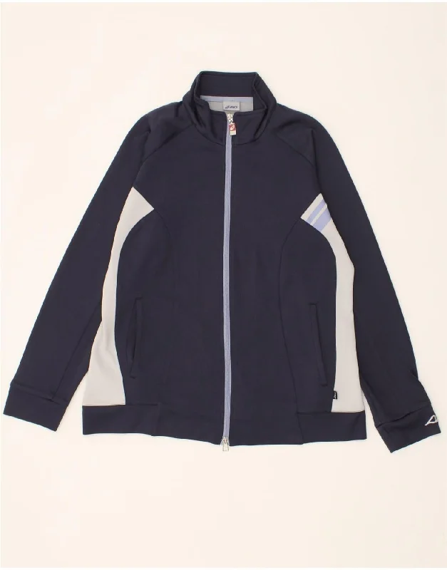 ASICS Womens Tracksuit Top Jacket UK 18 XL Navy Blue Colourblock Polyamide