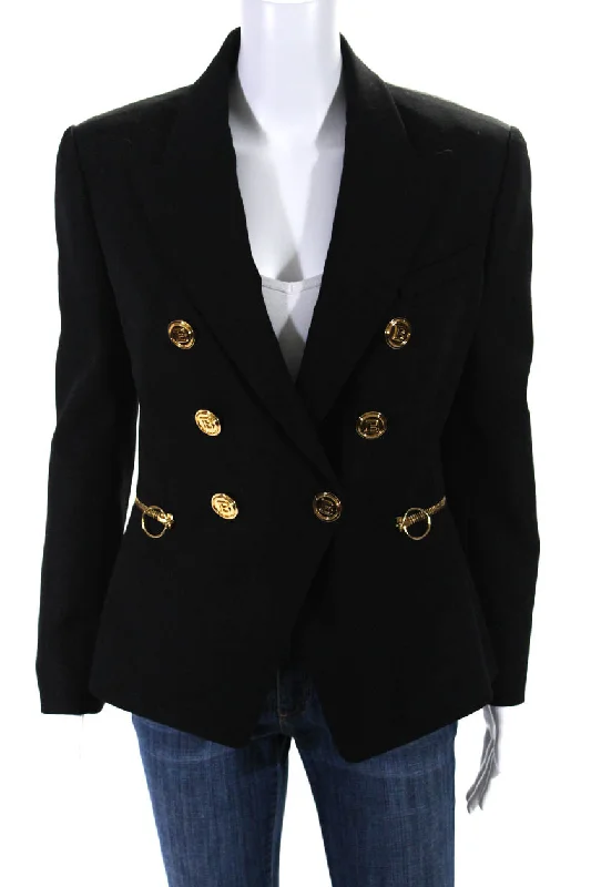 Balmain Womens Gold Tone Wide Lapel Blazer Jacket Black Wool