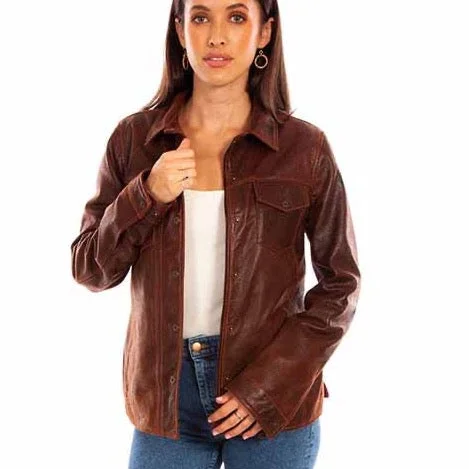 Brown Snap Front Leather Jacket at Bourbon Cowgirl Welt Pockets Slit Pockets Flap Pockets Brown Snap Front Leather Jacket at Bourbon Cowgirl Welt Pockets Slit Pockets Flap Pockets