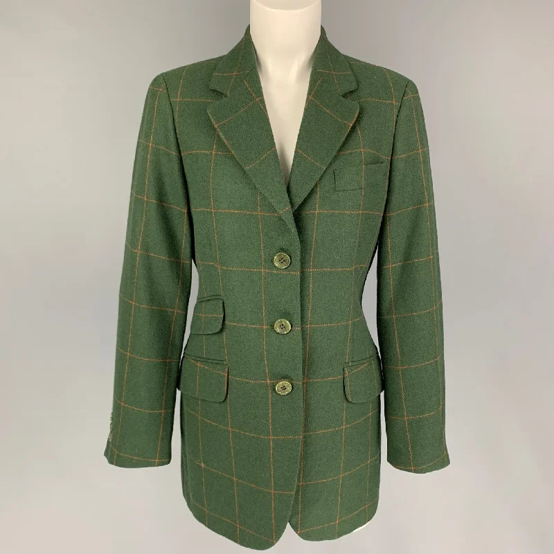 CHEAP and CHIC by MOSCHINO Size 10 Green Orange Virgin Wool Windowpane Jacket Blazer Chenille Fabric Brocade Fabric Lace Fabric CHEAP and CHIC by MOSCHINO Size 10 Green Orange Virgin Wool Windowpane Jacket Blazer Chenille Fabric Brocade Fabric Lace Fabric