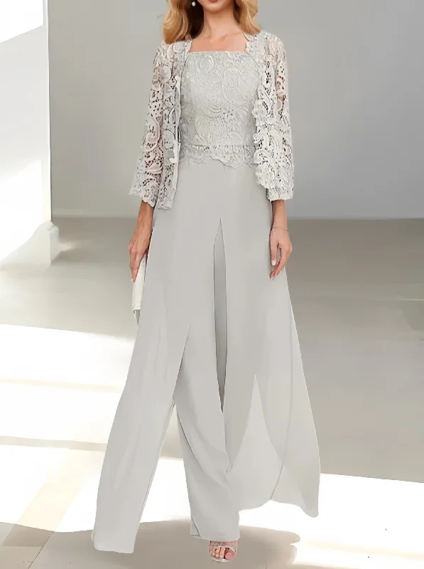Chiffon Square Neck Floor-Length Mother of the Bride Pantsuits with Jacket & Split Side Embroidered Jacket Appliqued Jacket Beaded Jacket Chiffon Square Neck Floor-Length Mother of the Bride Pantsuits with Jacket & Split Side Embroidered Jacket Appliqued Jacket Beaded Jacket