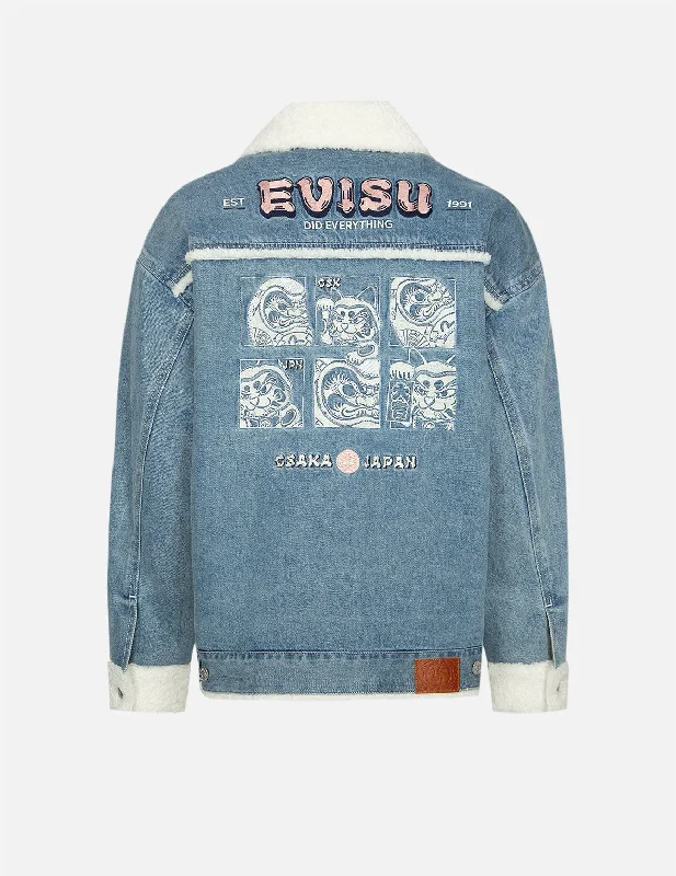 Daruma and Fortune Cat Embroidery Sherpa-lined Denim Jacket Front Pockets Side Pockets Patch Pockets Daruma and Fortune Cat Embroidery Sherpa-lined Denim Jacket Front Pockets Side Pockets Patch Pockets