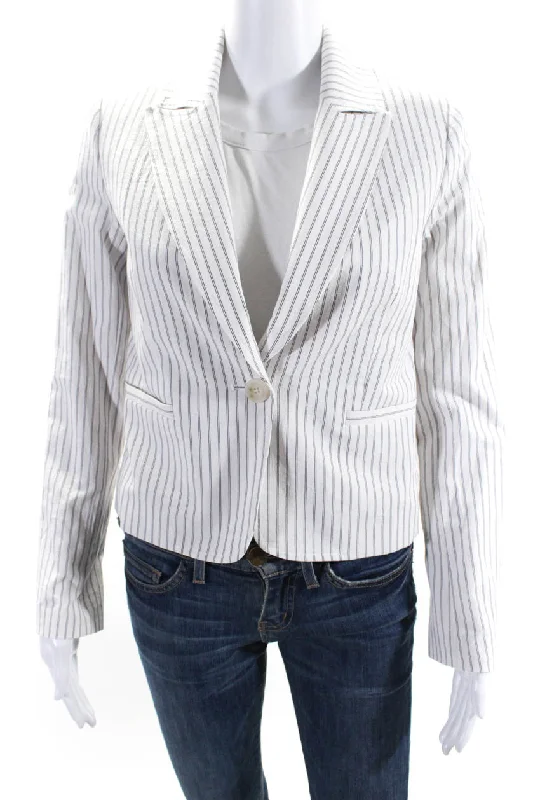 Drew Womens Milo Pinstripe Peak Lapel Blazer Jacket White Navy Blue