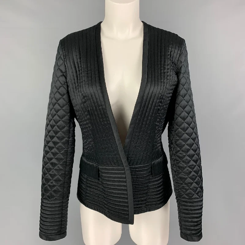 ETRO Size 8 Black Silk Quilted Collarless Jacket Blazer Chenille Jacket Brocade Jacket Lace Jacket ETRO Size 8 Black Silk Quilted Collarless Jacket Blazer Chenille Jacket Brocade Jacket Lace Jacket
