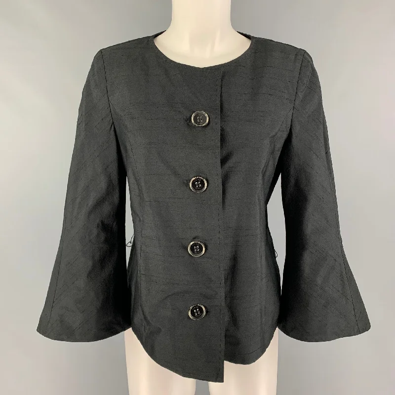 FERAUD Size 8 Black Collarless Flare Sleeve Jacket Rayon Fabric Velvet Fabric Corduroy Fabric FERAUD Size 8 Black Collarless Flare Sleeve Jacket Rayon Fabric Velvet Fabric Corduroy Fabric