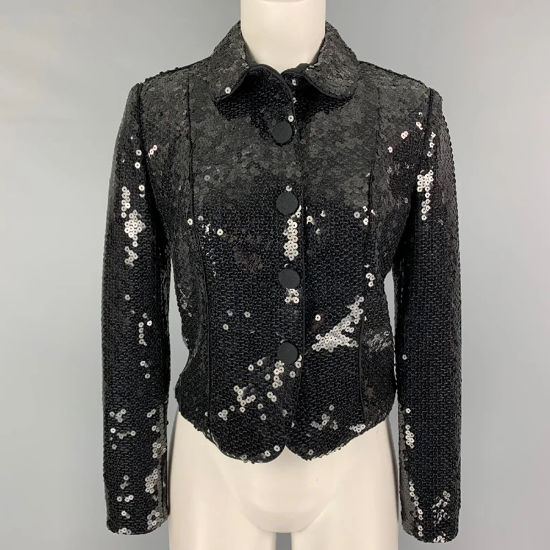 GIORGIO ARMANI Size M Black Sequined Cropped Jacket Zippered Jacket Buttoned Jacket Snapped Jacket GIORGIO ARMANI Size M Black Sequined Cropped Jacket Zippered Jacket Buttoned Jacket Snapped Jacket