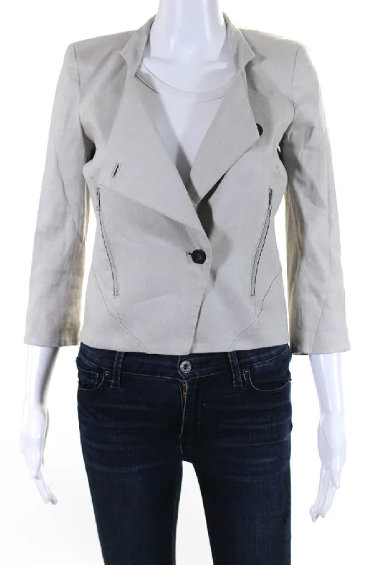 Helmut Lang Womens Asymmetrical Twill Blazer Jacket Light Gray Linen