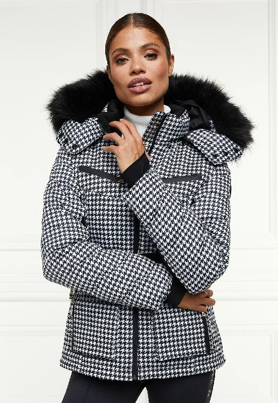 Ski Jacket - Houndstooth Belted Jacket Elasticated Jacket Padded Jacket